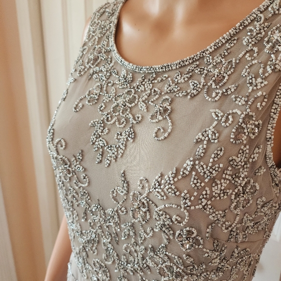 Pissaro Nights Beaded Mesh Long Formal Grown Silver Gray Size 8 - Picture 3 of 9